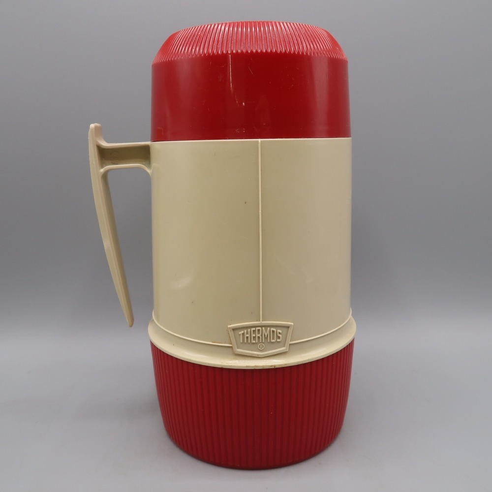 Vintage Thermos Drink Soup Vacuum Jar Model #6202 Red &β Tan 1 Pint Wide Mouth